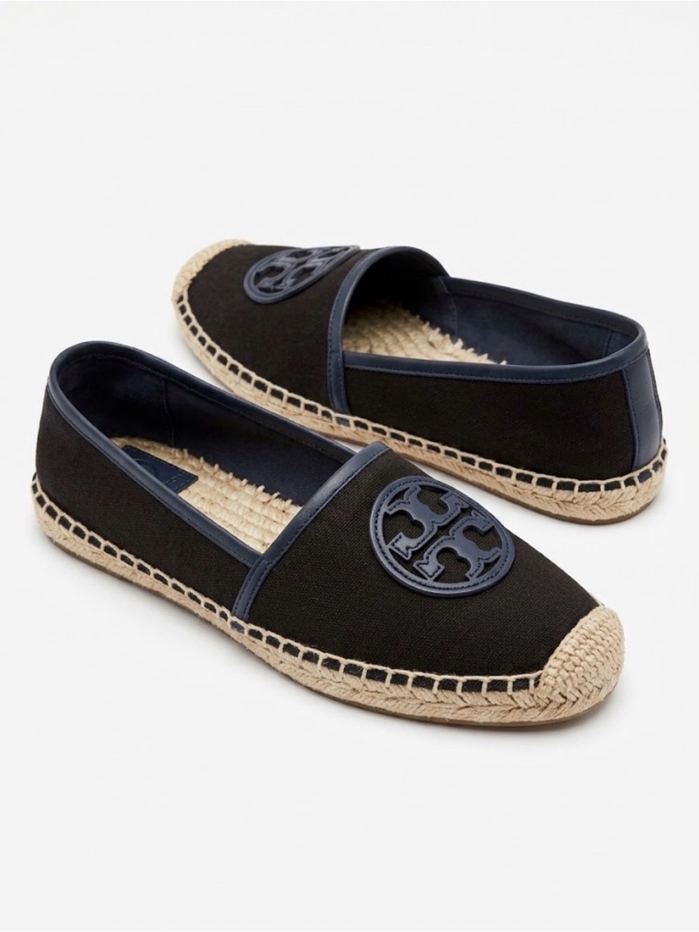 Black Canvas Espadrille Slip-Ons with Logo Emblem